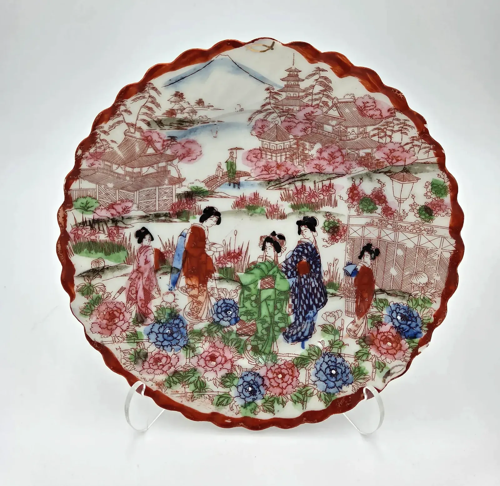 Vintage Set of 12 Japanese Scenic Geisha Dessert/Salad Plates – Scalloped Edge – 7" – Japan