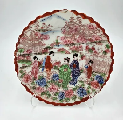 Vintage Set of 12 Japanese Scenic Geisha Dessert/Salad Plates – Scalloped Edge – 7" – Japan