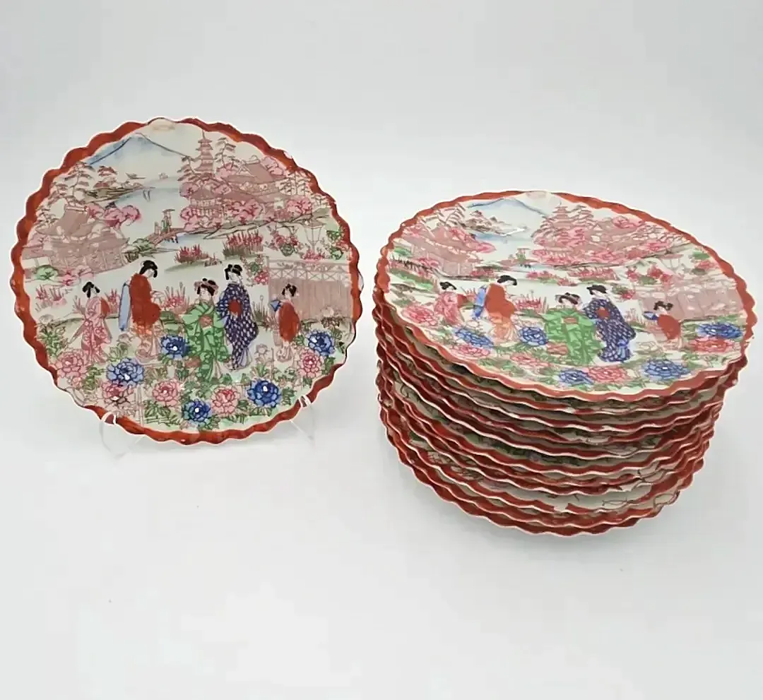 Vintage Set of 12 Japanese Scenic Geisha Dessert/Salad Plates – Scalloped Edge – 7" – Japan