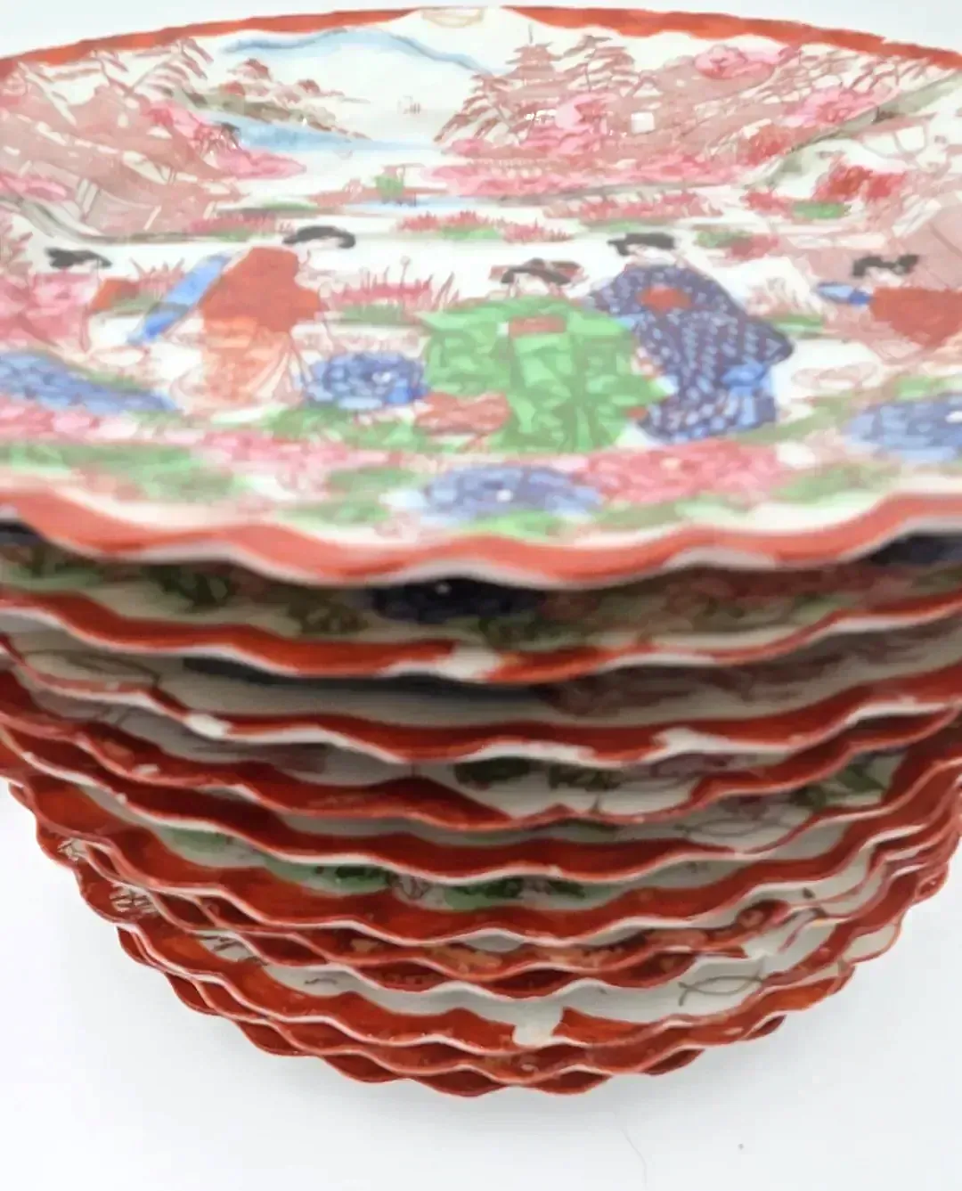 Vintage Set of 12 Japanese Scenic Geisha Dessert/Salad Plates – Scalloped Edge – 7" – Japan