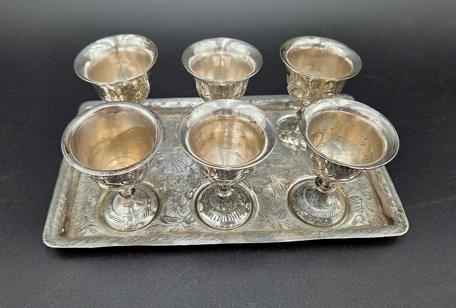 Vintage Silver Plate 7 Piece Cordial Liqueur Set 6 Goblets with Matching Engraved Tray