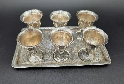 Vintage Silver Plate 7 Piece Cordial Liqueur Set 6 Goblets with Matching Engraved Tray