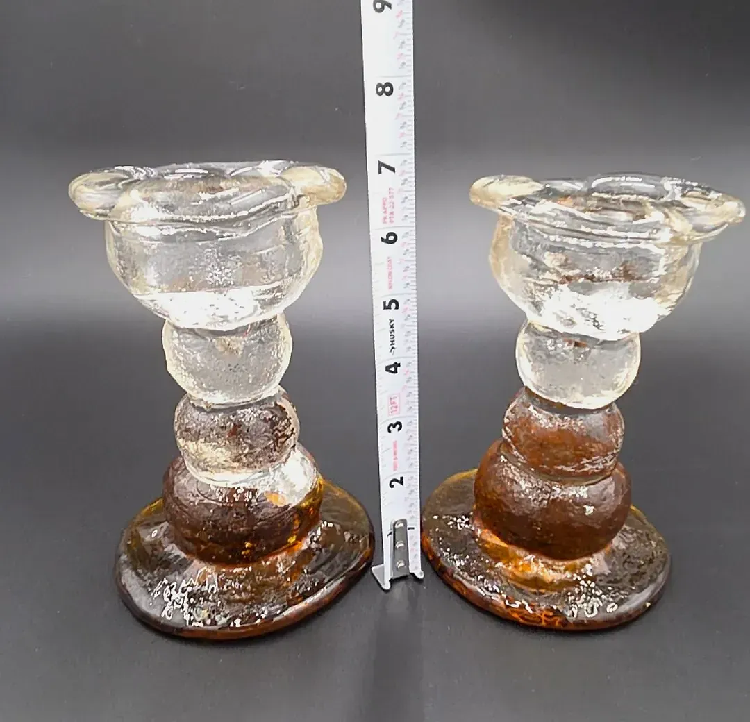 Pair Heavy Amber Clear Textured Art Glass Candlesticks Brutalist — detail