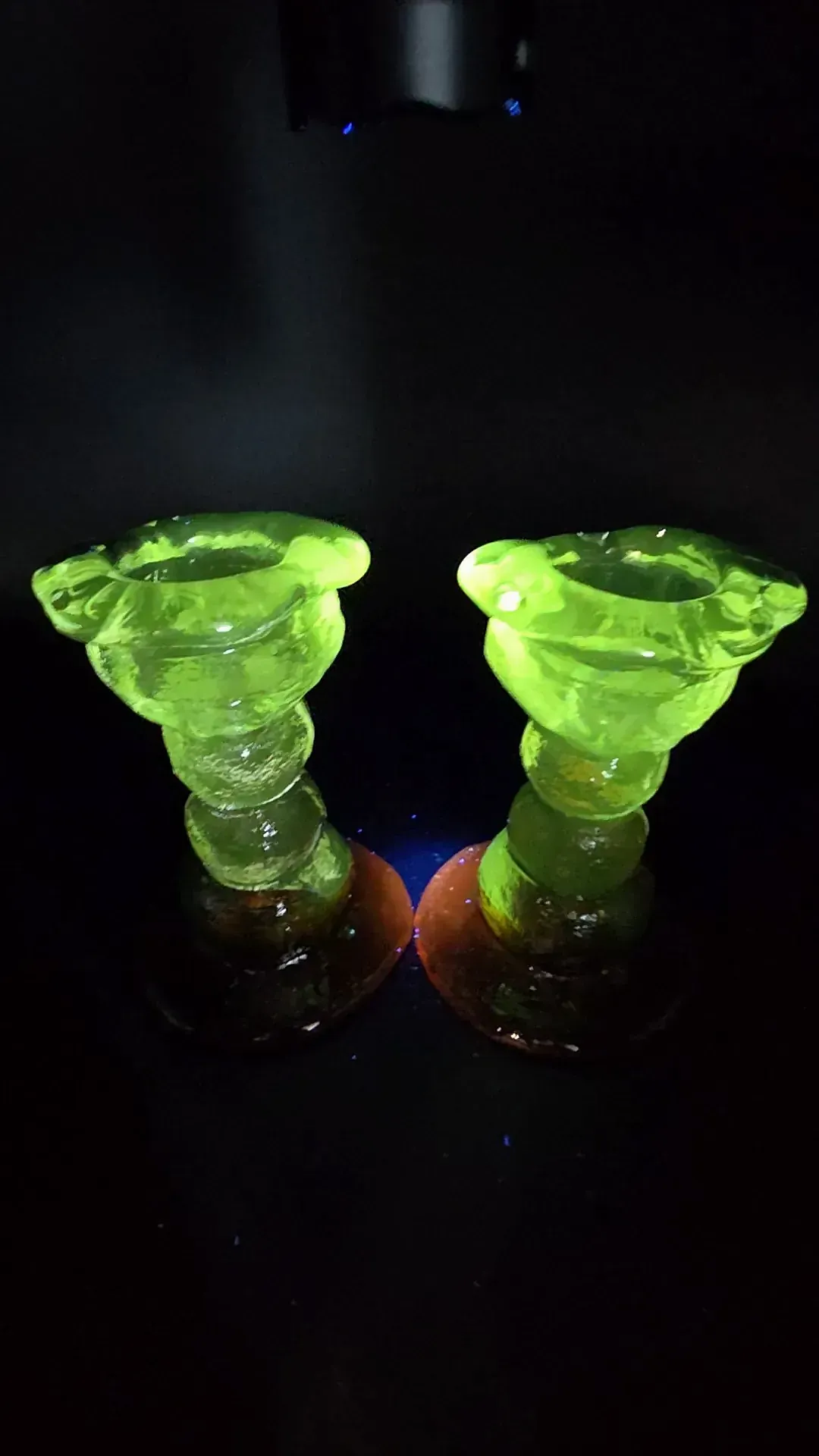 Pair Heavy Amber Clear Textured Art Glass Candlesticks Brutalist — side view