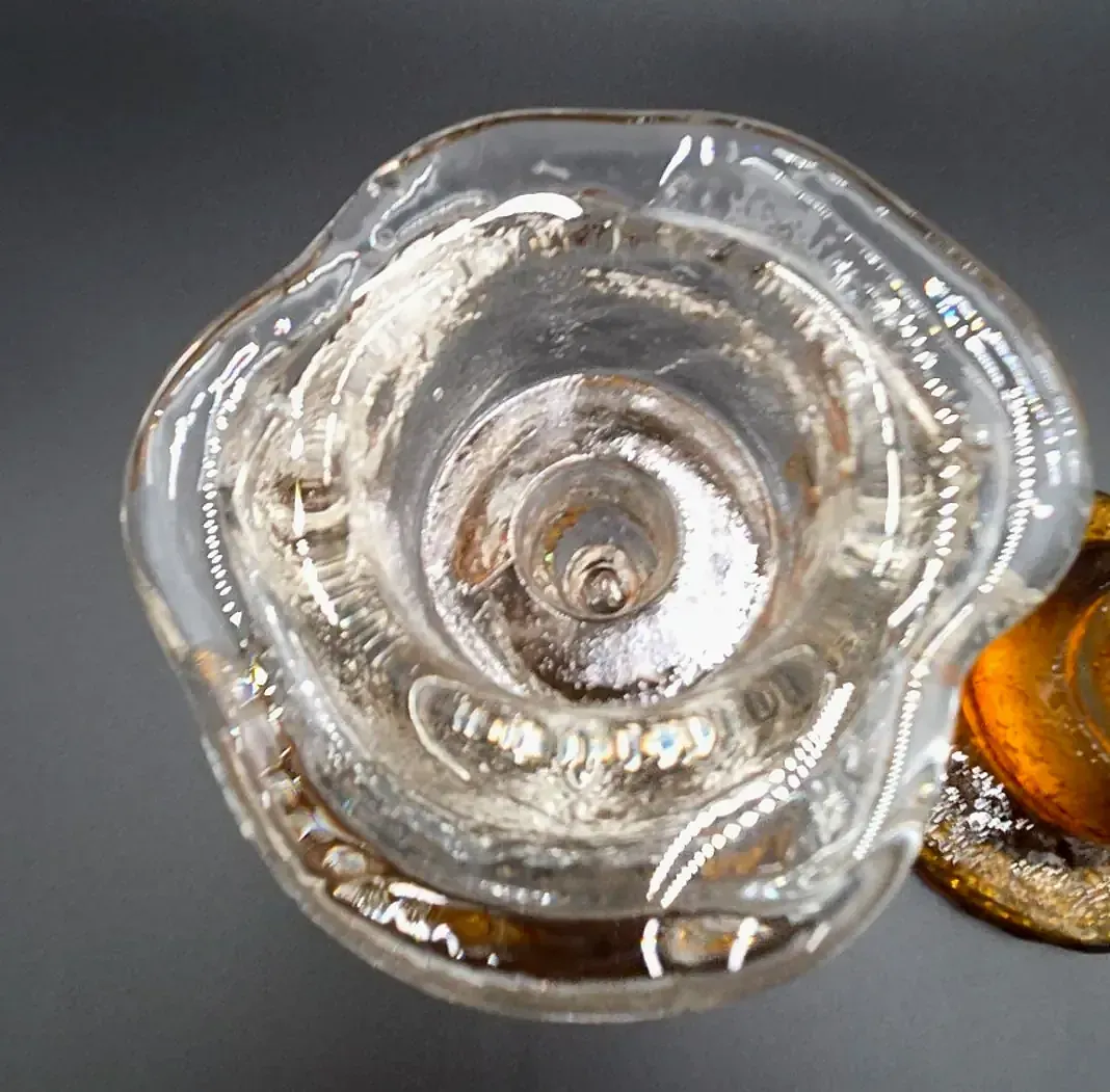 Pair Heavy Amber Clear Textured Art Glass Candlesticks Brutalist — underside