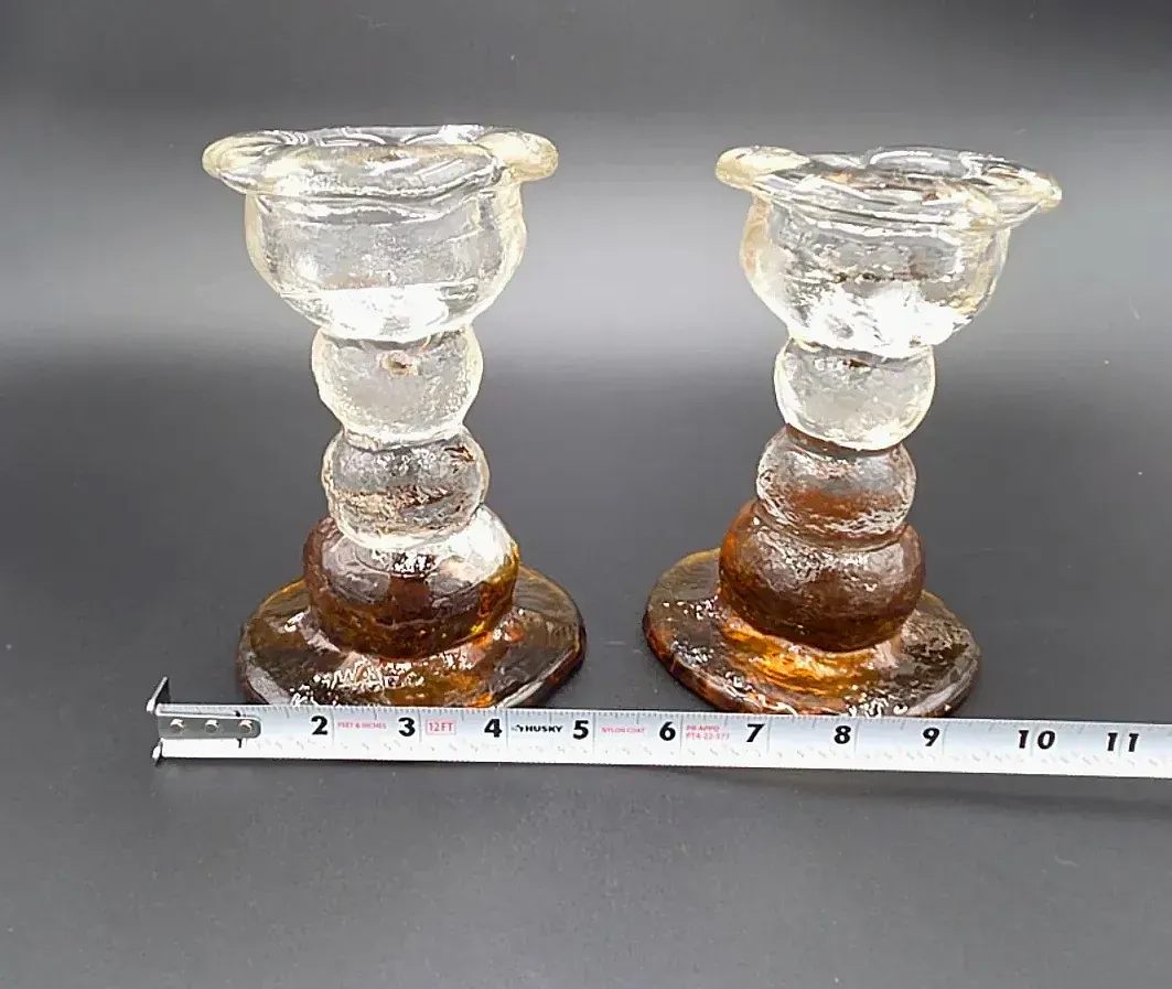Pair Heavy Amber Clear Textured Art Glass Candlesticks Brutalist — maker's mark