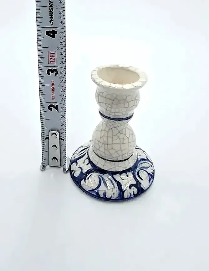 Vintage Potting Shed Compton England Crackle Glaze Blue White Candlesticks Pair