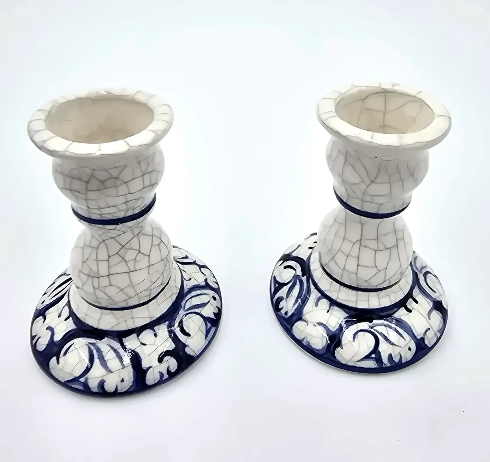 Vintage Potting Shed Compton England Crackle Glaze Blue White Candlesticks Pair