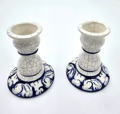 Vintage Potting Shed Compton England Crackle Glaze Blue White Candlesticks Pair