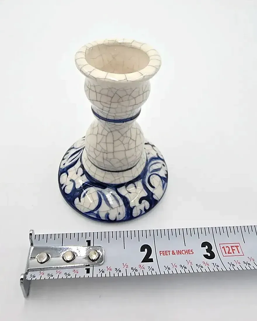 Vintage Potting Shed Compton England Crackle Glaze Blue White Candlesticks Pair