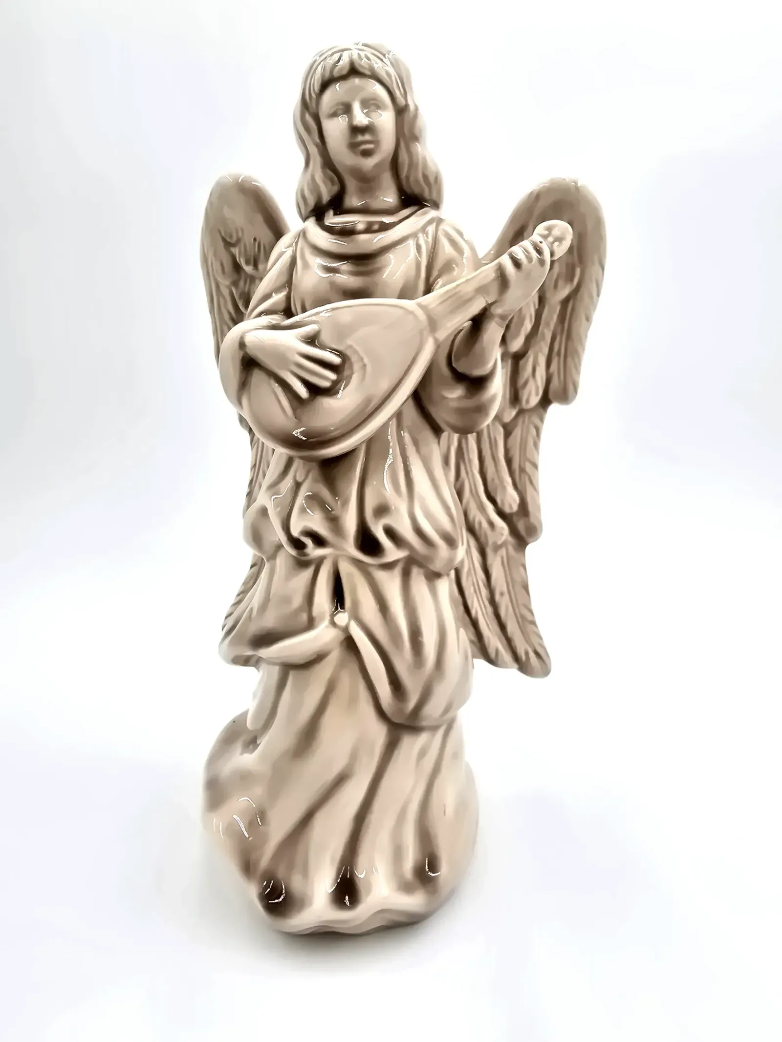 Vintage Glazed Ceramic Angel Figurine Playing Lute Mandolin — side view
