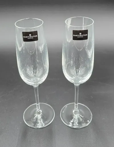 Set of 2 Vintage Dartington Crystal "Drink!" Series Champagne Flutes  Signed