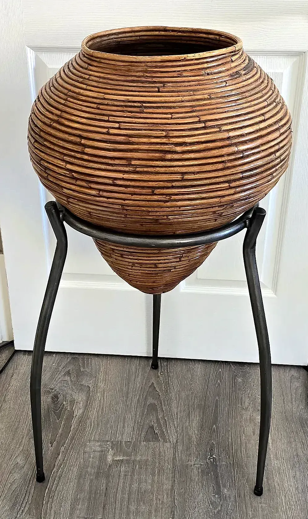 Vtg Mid Century Pencil Reed Bamboo Floor Vase Planter Tripod Stand Philippines