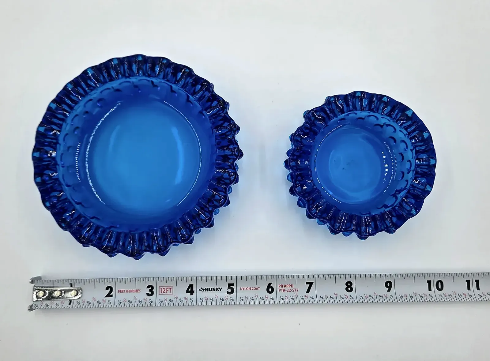 Vintage Cobalt Blue Hobnail Pressed Glass Bowls Set of 2 Scalloped Edge Unmarked