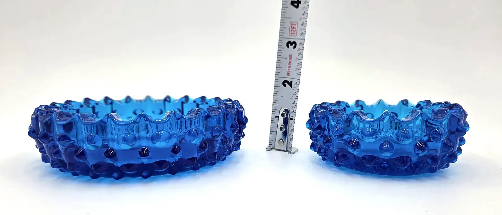 Vintage Cobalt Blue Hobnail Pressed Glass Bowls Set of 2 Scalloped Edge Unmarked