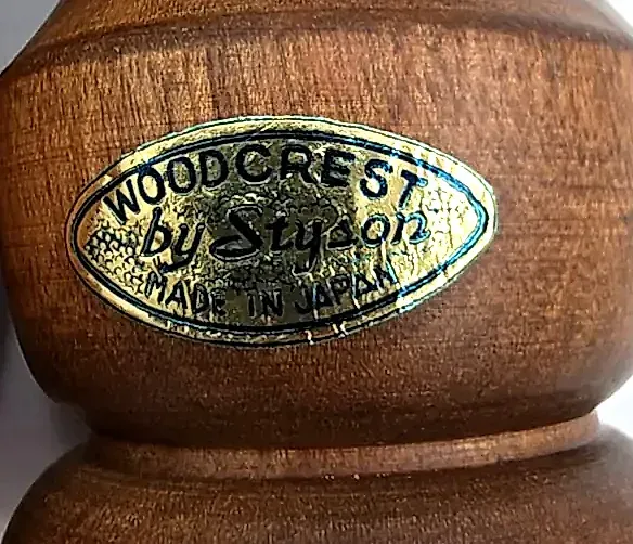 Vintage Woodcrest by Styson Pepper Mill Salt Shaker Set Wood Japan Mid Century Tag — maker's mark