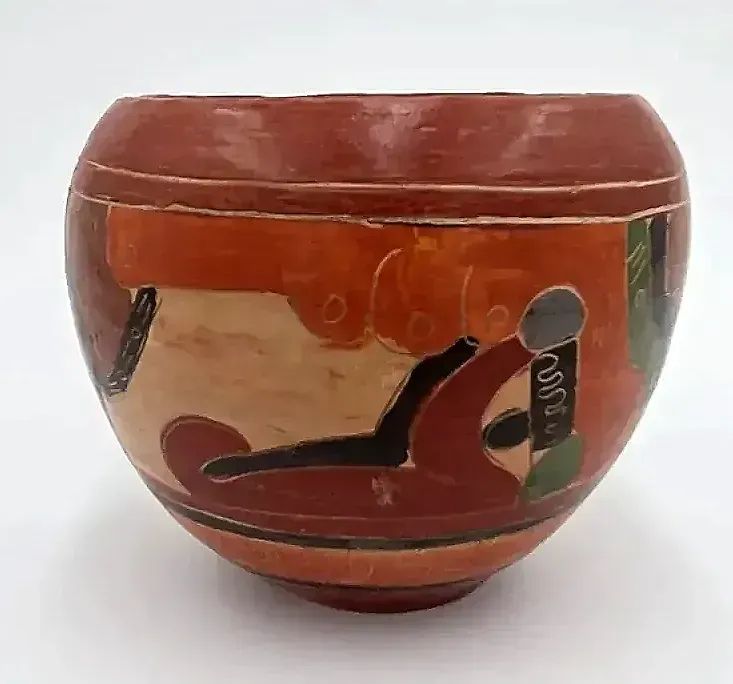 Vintage Studio Pottery Vase Bowl Set Sgraffito Hand Painted Folk Art