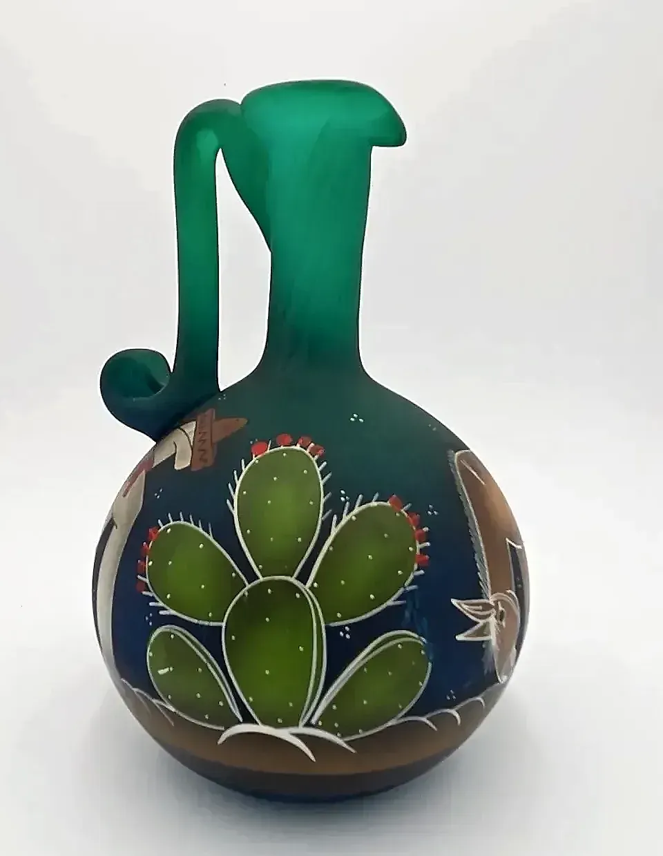 Vintage Hand Painted Southwestern Pottery Vase Pitcher Cactus Burro Matte Green