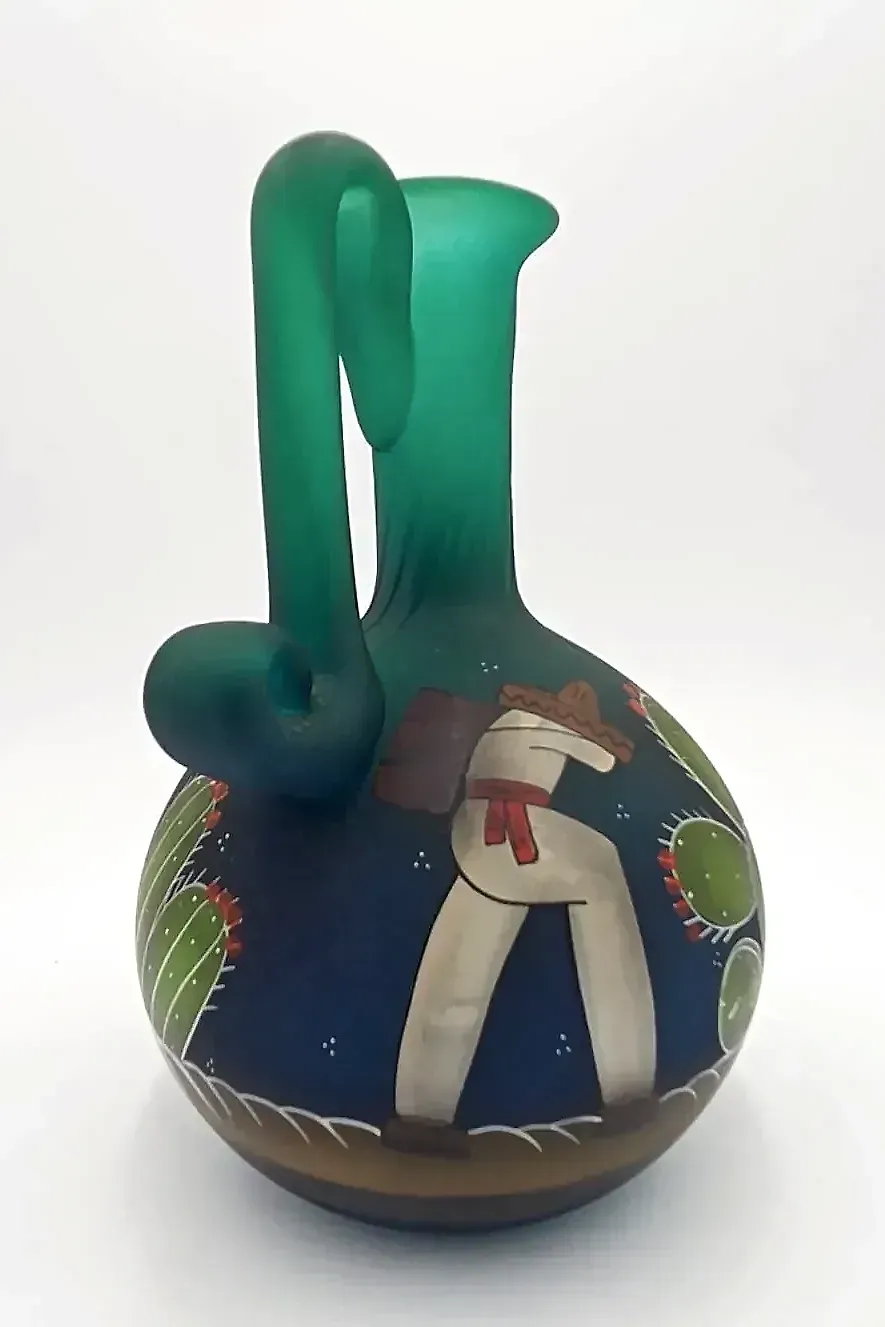 Vintage Hand Painted Southwestern Pottery Vase Pitcher Cactus Burro Matte Green