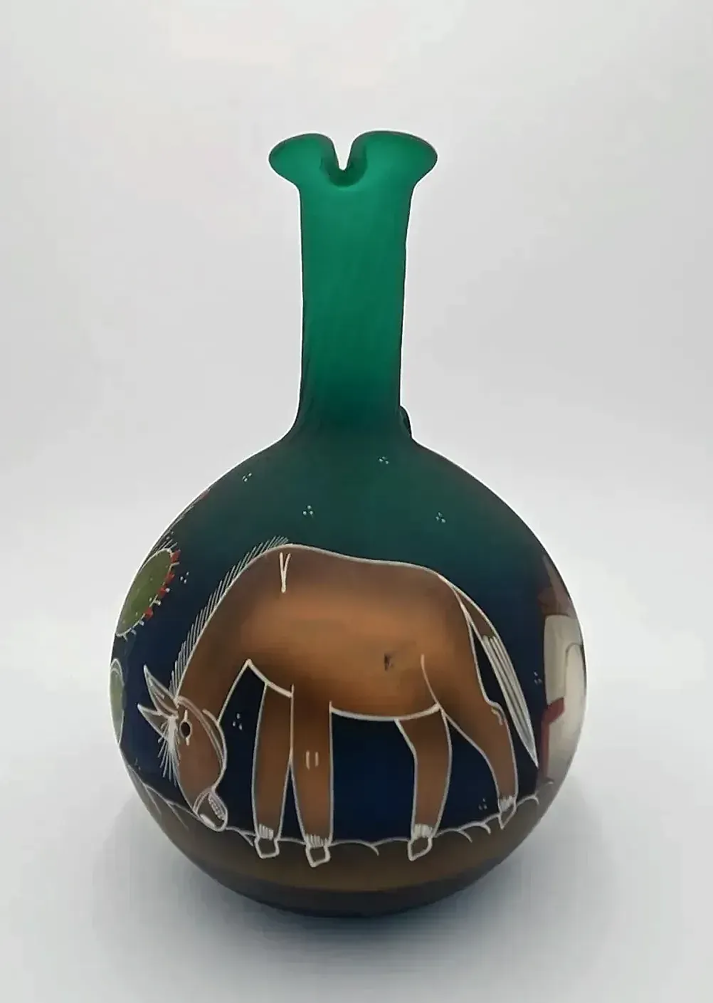 Vintage Hand Painted Southwestern Pottery Vase Pitcher Cactus Burro Matte Green