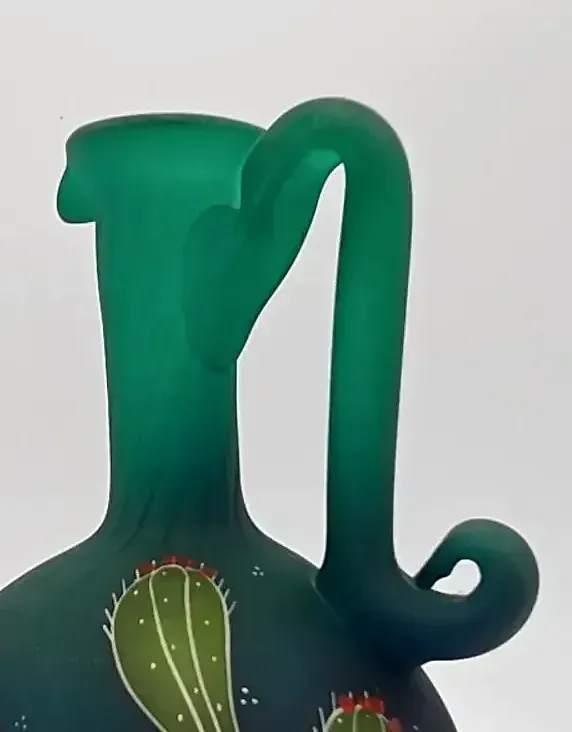 Vintage Hand Painted Southwestern Pottery Vase Pitcher Cactus Burro Matte Green