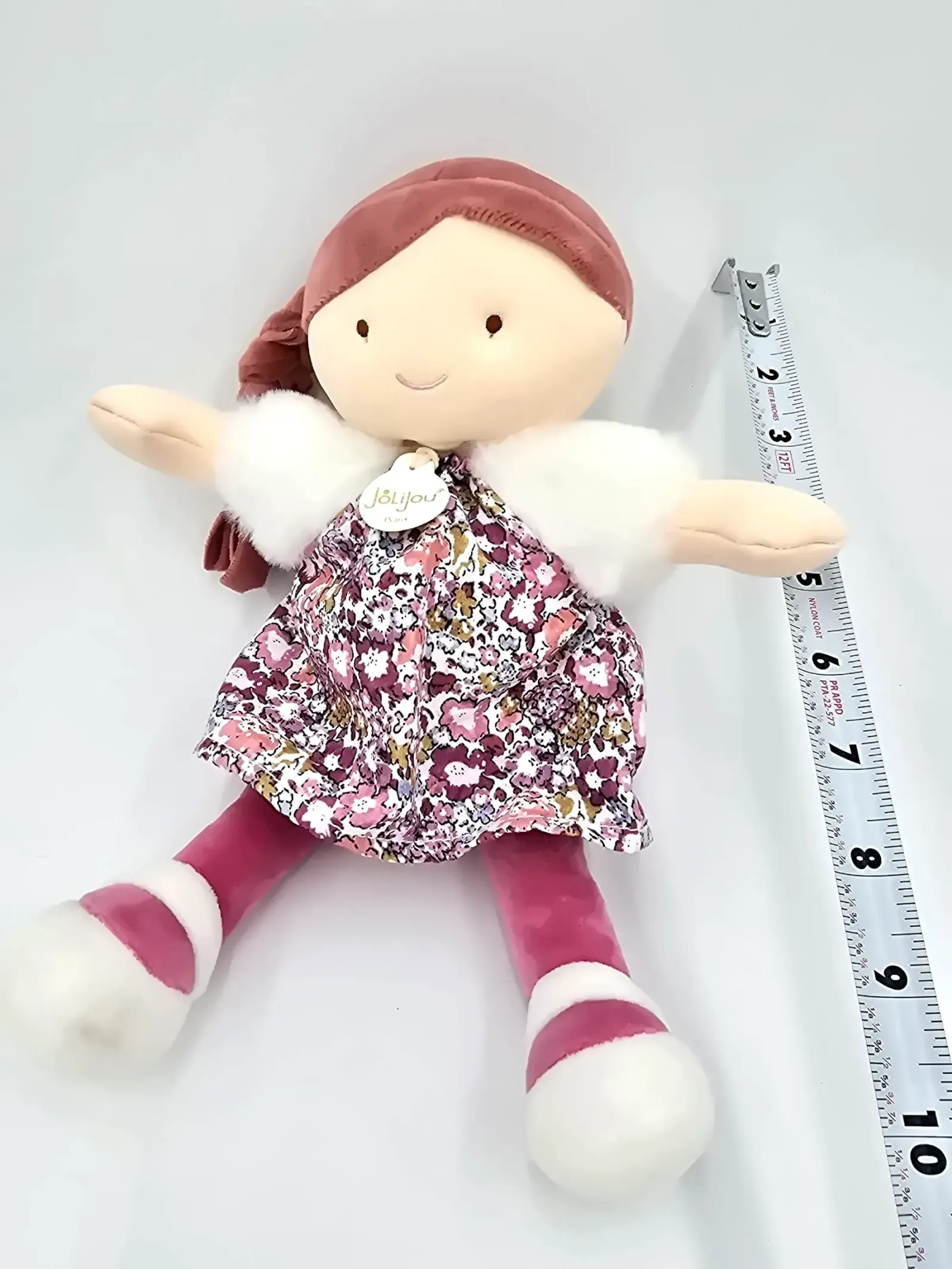 Jolijou Paris Soft Plush Doll Floral Dress Pink Stuffed Rag Doll 10" Lovey Toy