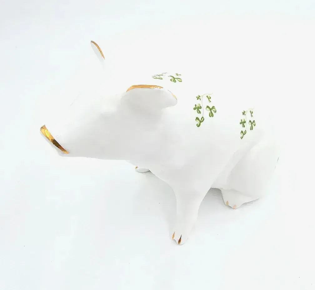 Vintage Royal Tara Ireland Bone China Pig Figurine Shamrock Gold Gilt Irish