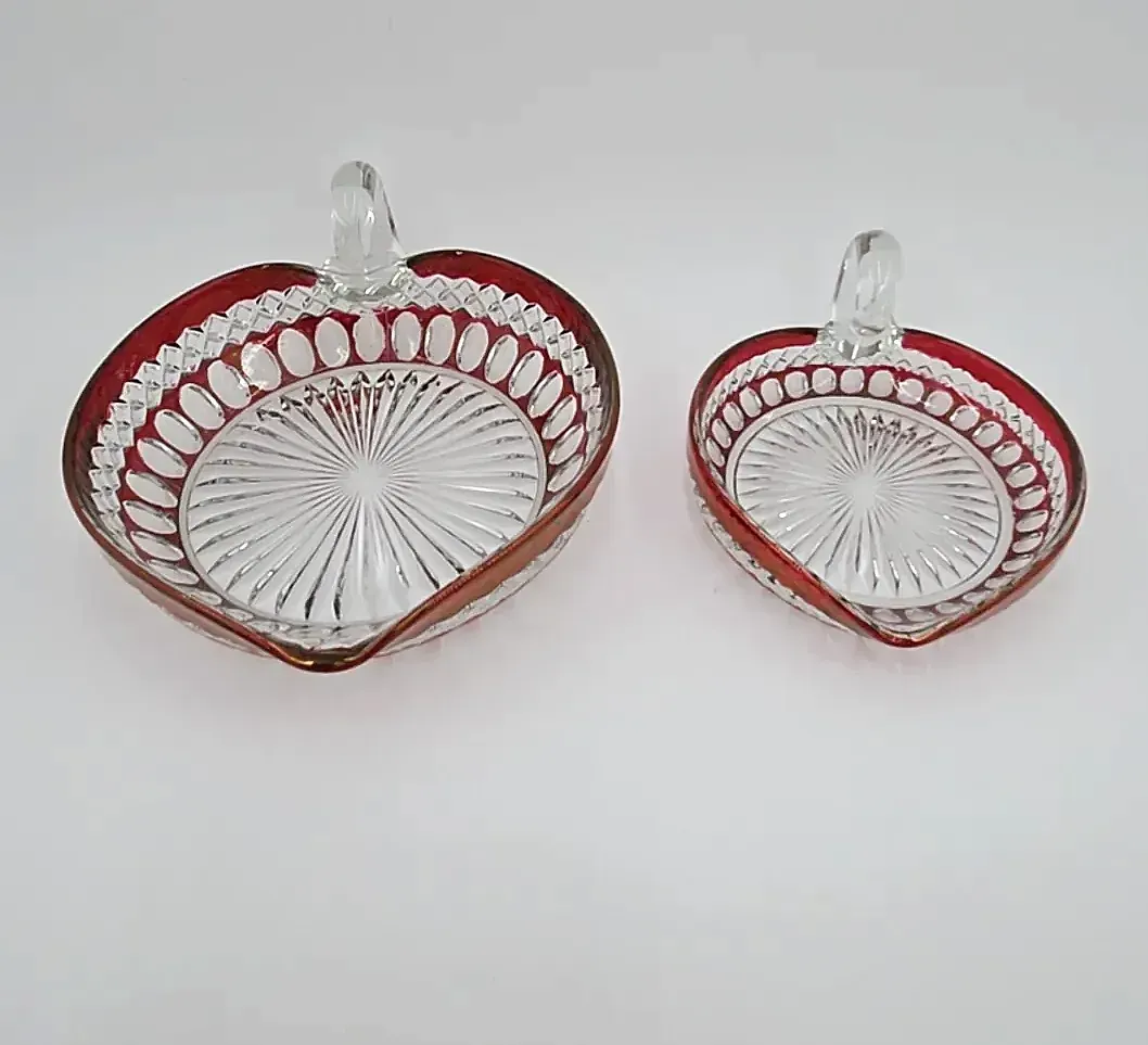 Vintage Ruby Flash Red Cut Glass Nut Candy Dishes Set of 2 Handled Serving Bowls
