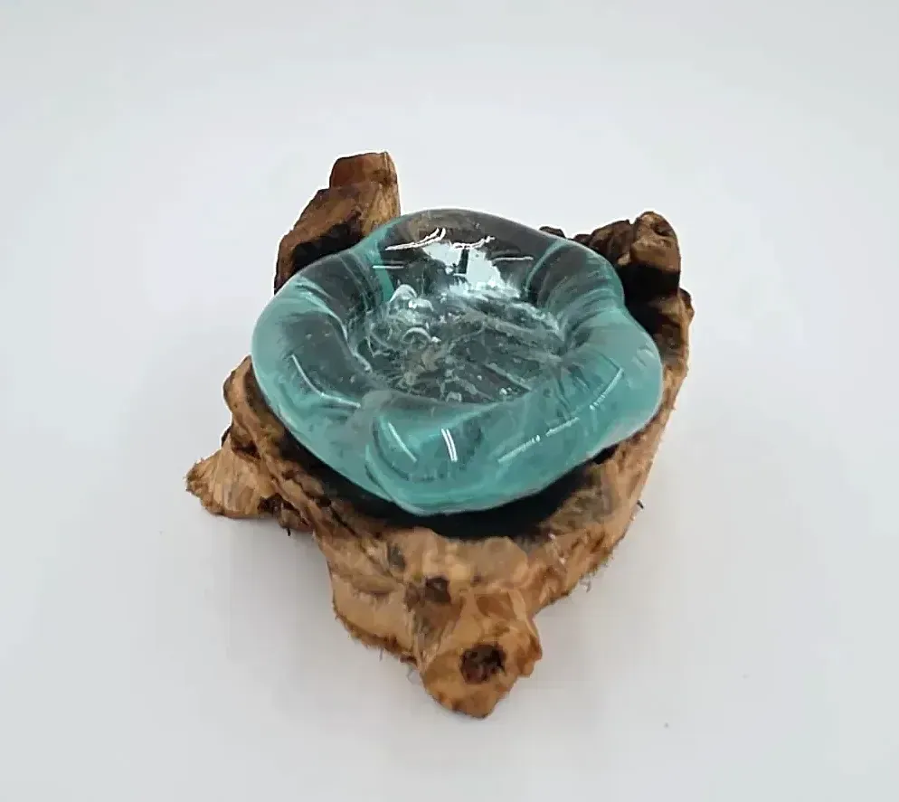 Handmade Bali Molten Glass on Wood Candle Holder Root Driftwood Ashtray Bowl