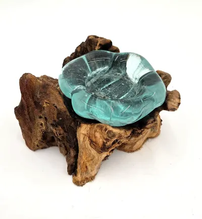 Handmade Bali Molten Glass on Wood Candle Holder Root Driftwood Ashtray Bowl