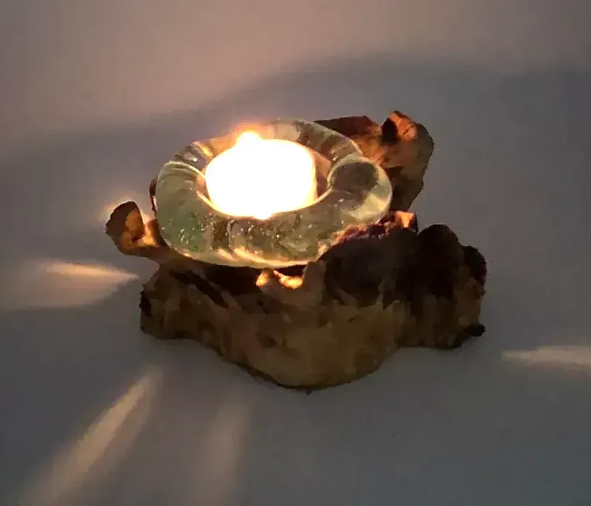 Handmade Bali Molten Glass on Wood Candle Holder Root Driftwood Ashtray Bowl