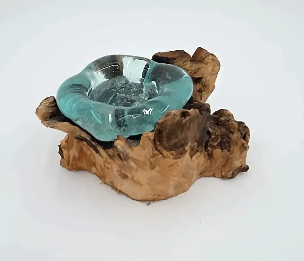 Handmade Bali Molten Glass on Wood Candle Holder Root Driftwood Ashtray Bowl