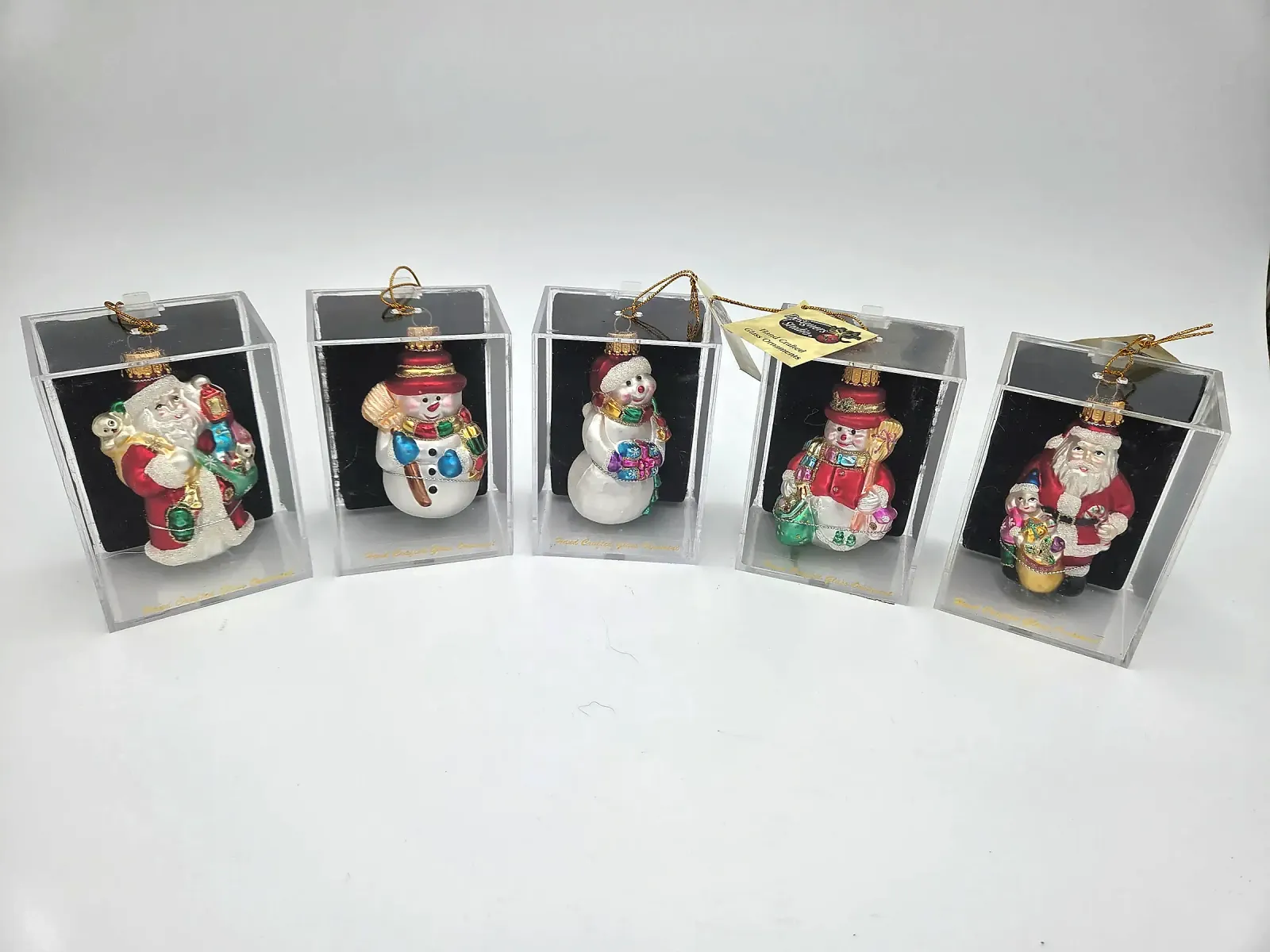 Designers Studio Hand Crafted Glass Christmas Ornaments Set of 5 Santa Snowman Boxed