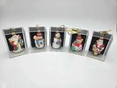 Designers Studio Hand Crafted Glass Christmas Ornaments Set of 5 Santa Snowman Boxed