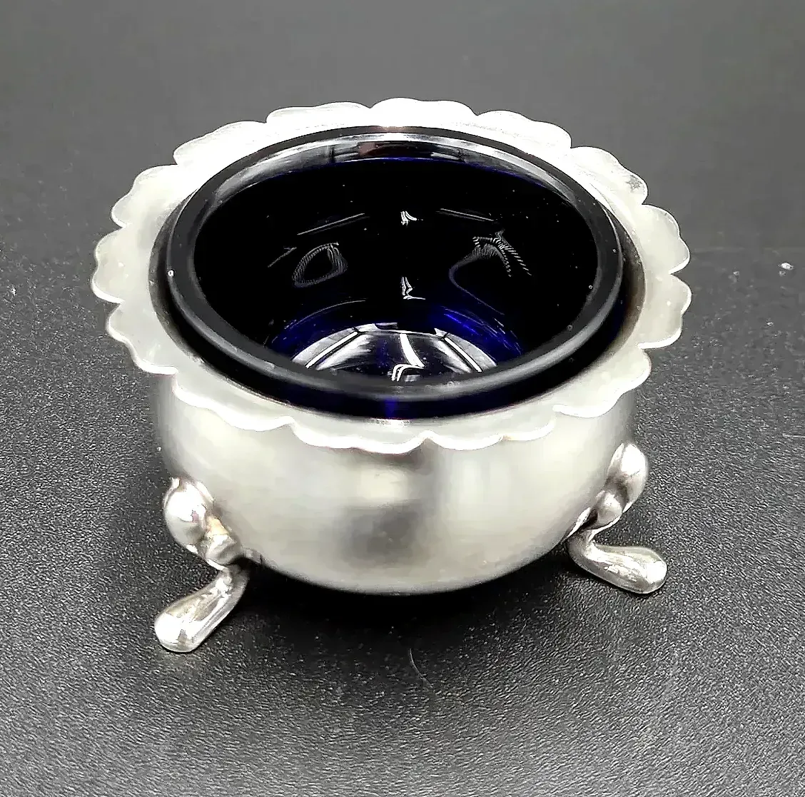 Vintage EPNS Silver Plate Open Salt Cellar Cobalt Blue Glass Insert 3 Footed