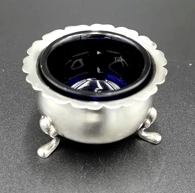 Vintage EPNS Silver Plate Open Salt Cellar Cobalt Blue Glass Insert 3 Footed