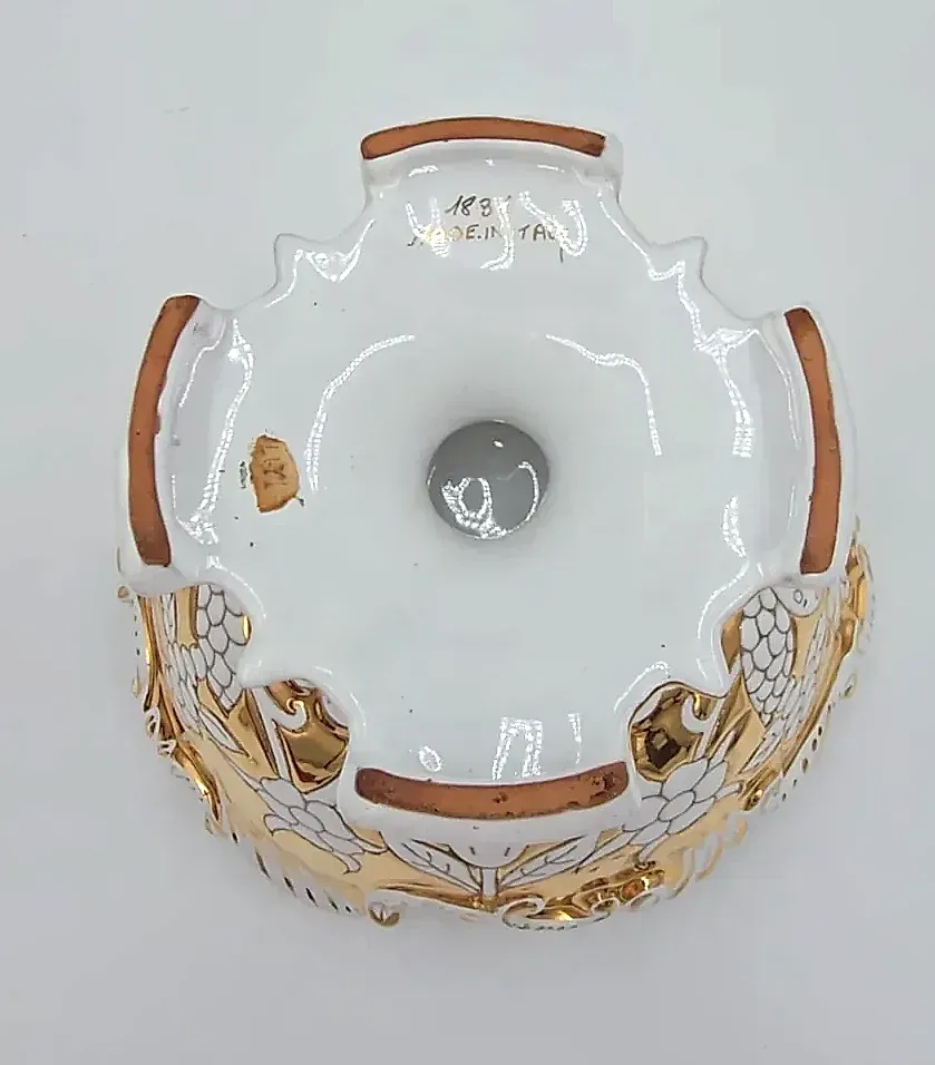 Vintage White Gold Leaf Italian Porcelain Pedestal Centerpiece Bowl Set — underside