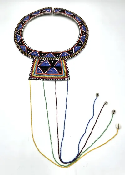 Vintage African Maasai-Style Beaded Collar Necklace Leather Bib Cowrie Shell