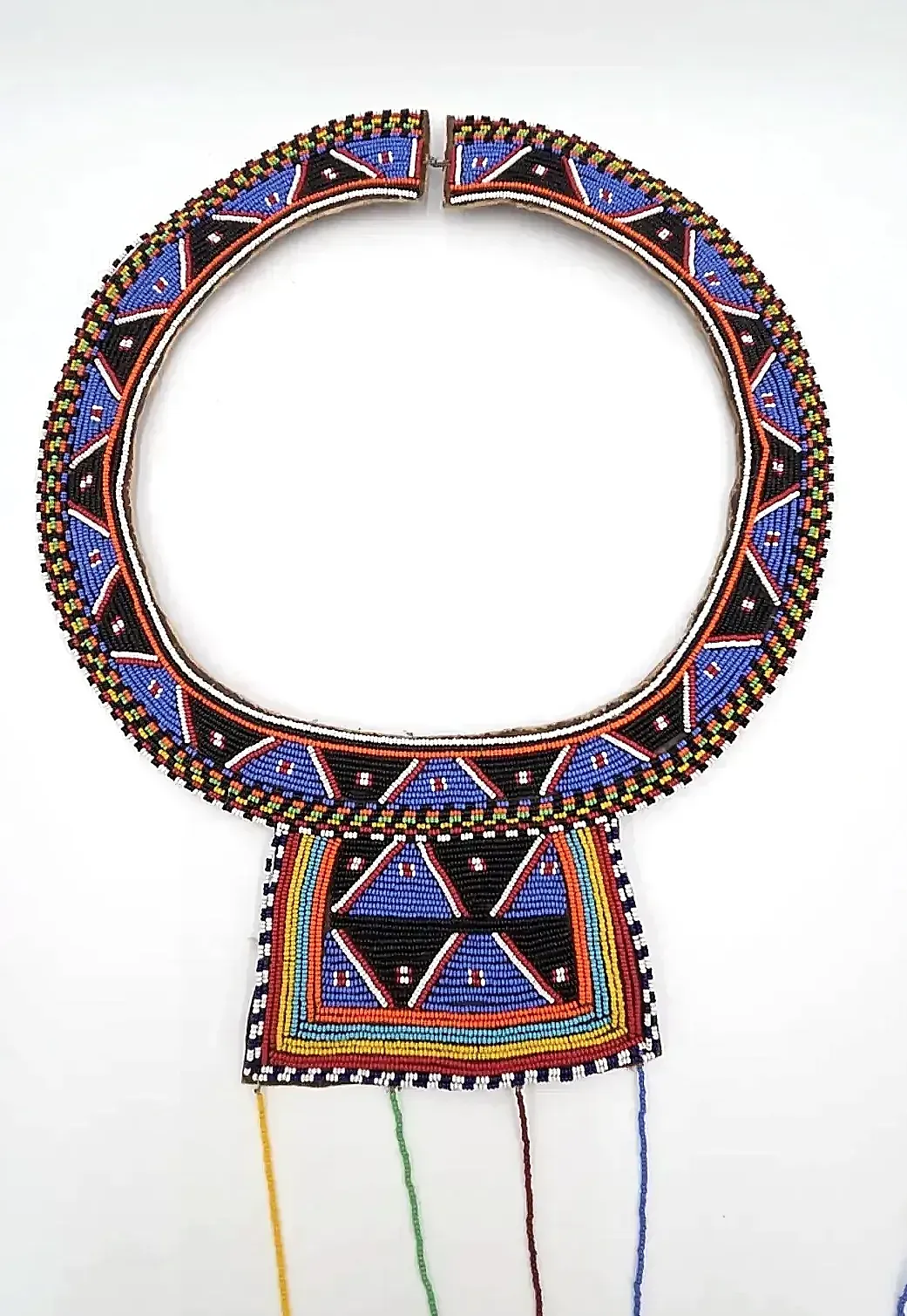 Vintage African Maasai-Style Beaded Collar Necklace Leather Bib Cowrie Shell