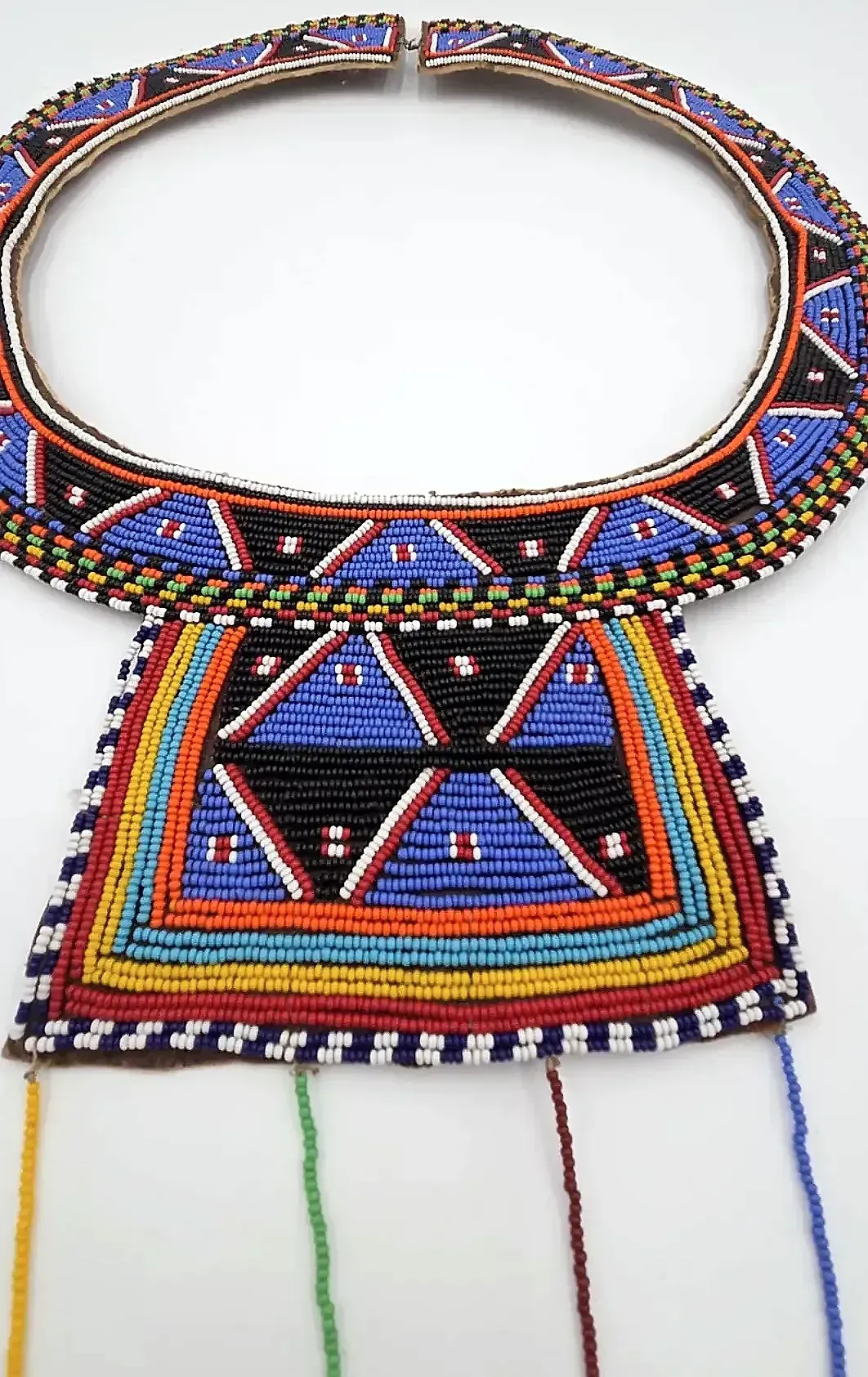 Vintage African Maasai-Style Beaded Collar Necklace Leather Bib Cowrie Shell