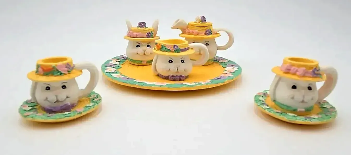 Vintage Easter Bunny Miniature Tea Set Ceramic Bunny Cups Teapot Tray w/ Box