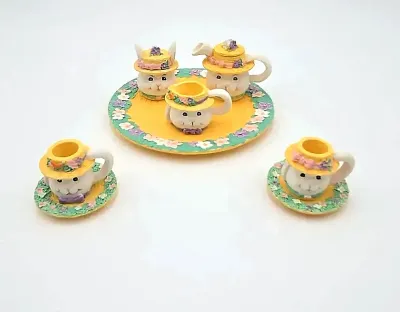 Vintage Easter Bunny Miniature Tea Set Ceramic Bunny Cups Teapot Tray w/ Box