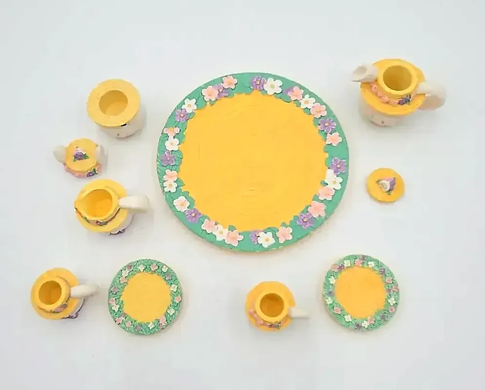 Vintage Easter Bunny Miniature Tea Set Ceramic Bunny Cups Teapot Tray w/ Box