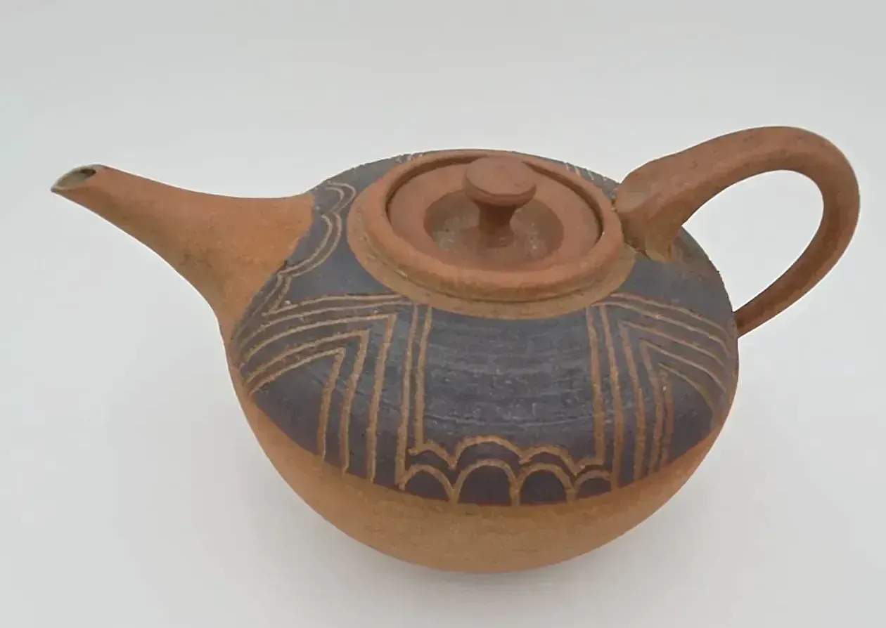 Vintage Studio Pottery Teapot Lidded Jar Open Vase Brown Hand Carved MCM 3 Pc