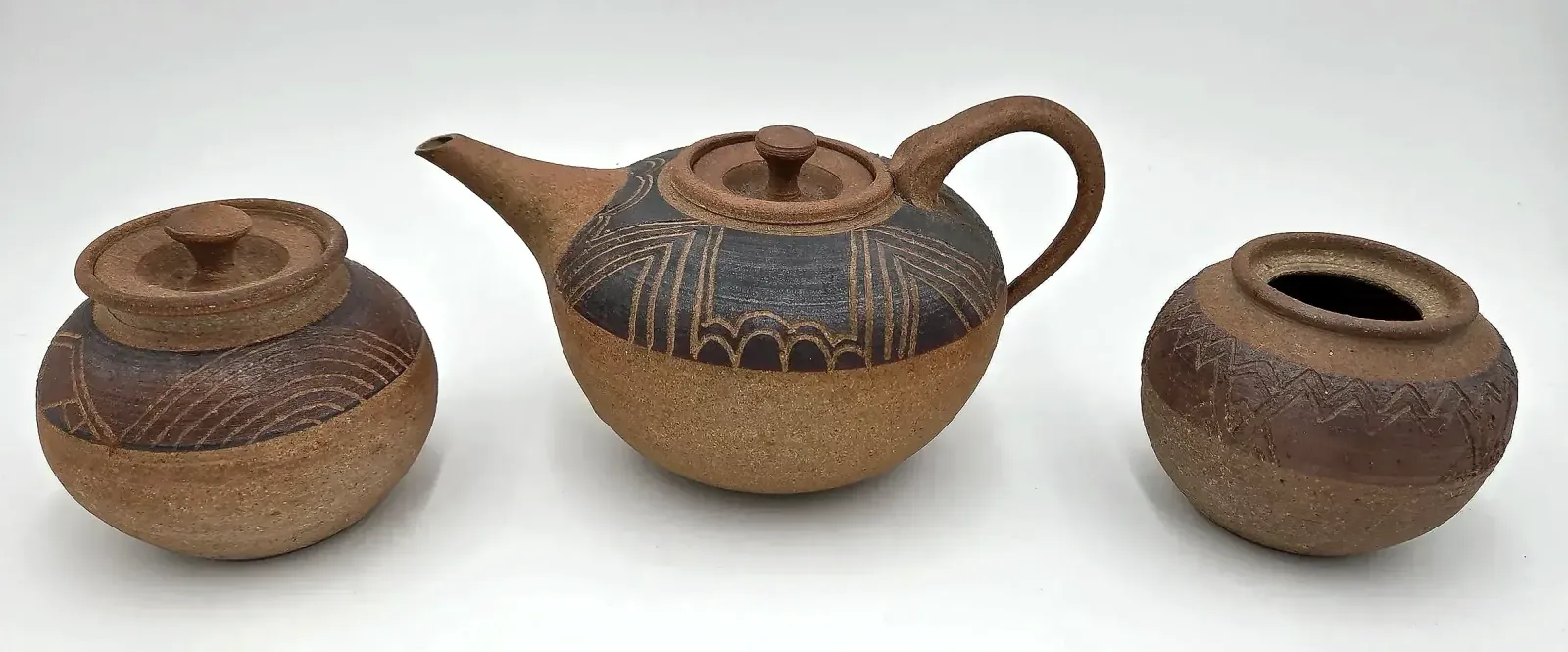 Vintage Studio Pottery Teapot Lidded Jar Open Vase Brown Hand Carved MCM 3 Pc