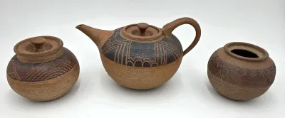 Vintage Studio Pottery Teapot Lidded Jar Open Vase Brown Hand Carved MCM 3 Pc