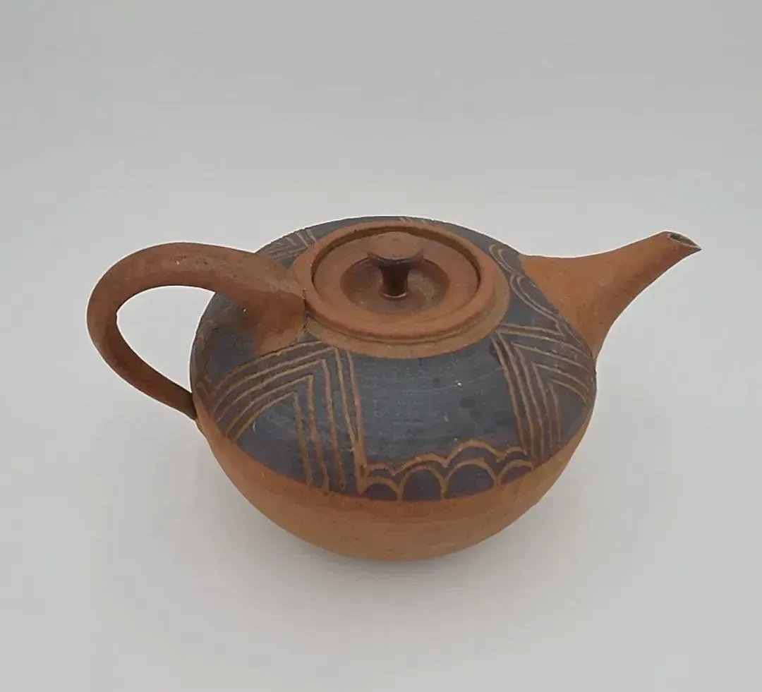 Vintage Studio Pottery Tea Set Teapot Sugar Bowl Vase Brown Hand Carved MCM 3 Pc