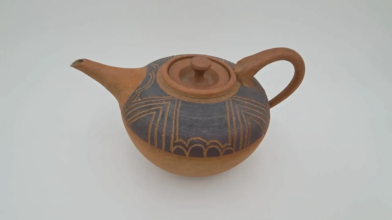 Vintage Studio Pottery Tea Set Teapot Sugar Bowl Vase Brown Hand Carved MCM 3 Pc
