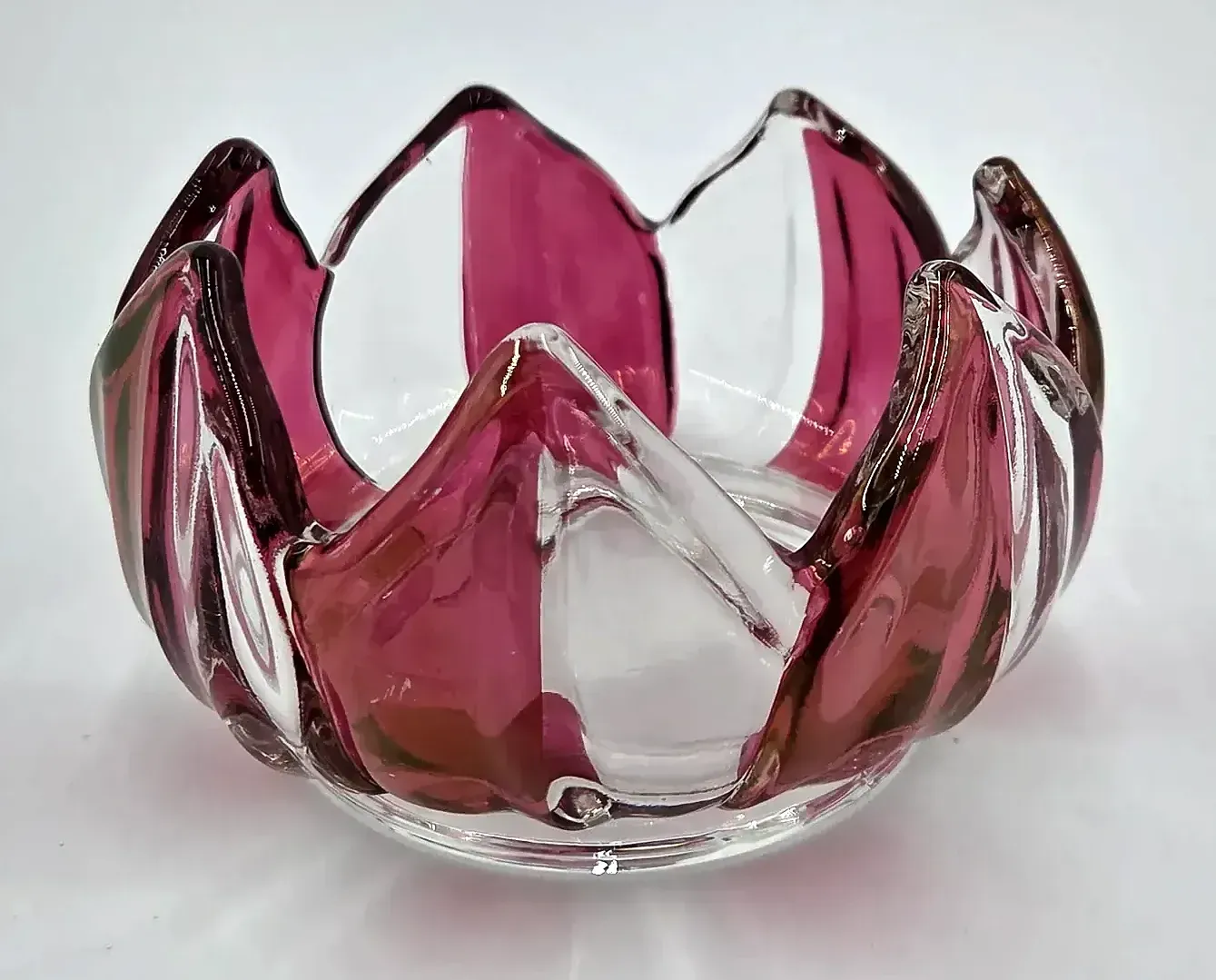 Vintage Pink Cased Art Glass Lotus Flower Bowl Decorative Trinket Dish