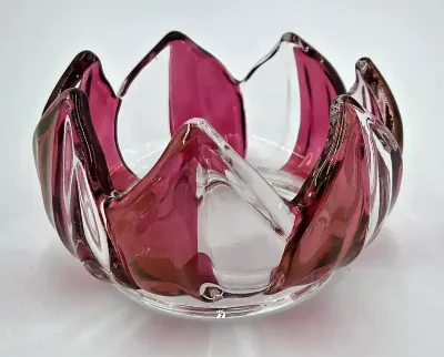 Vintage Pink Cased Art Glass Lotus Flower Bowl Decorative Trinket Dish